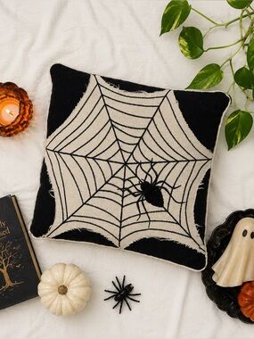 Halloween Spider Web Accent Pillow 12x12 Black & Cream Gothic Cottagecore